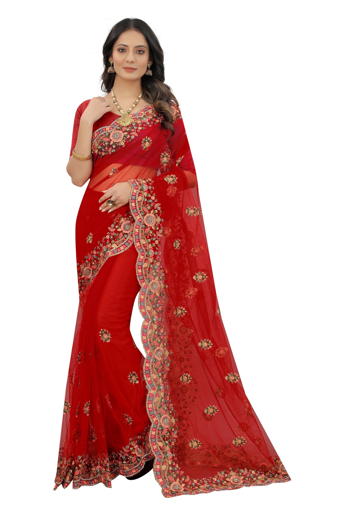 Red Net Embroidered Saree With Blouse