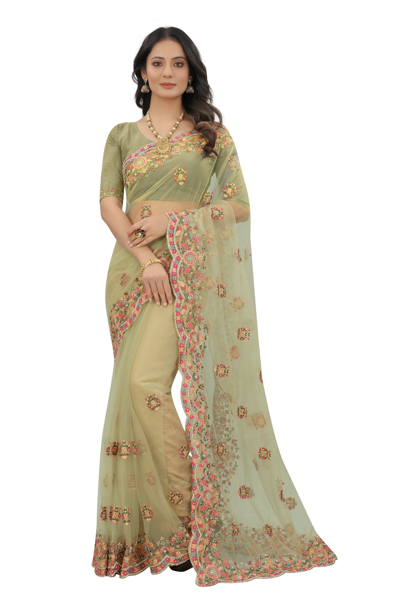 Olive Green Net Embroidered Saree With Blouse