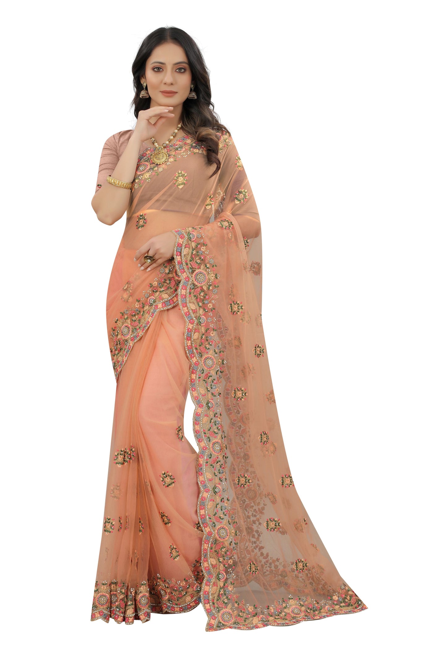 Orange Net Embroidered Saree With Blouse