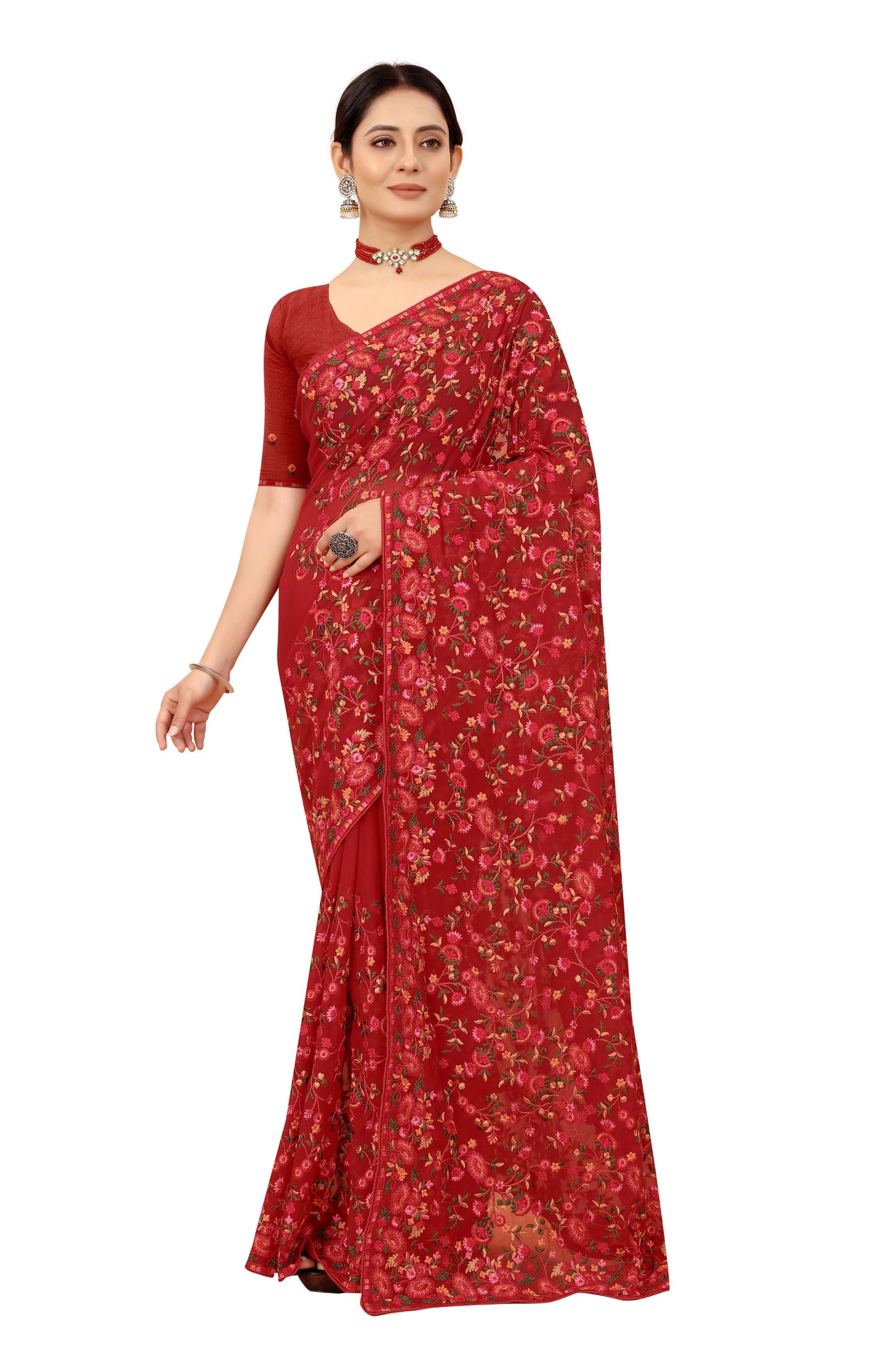 Red Georgette Embroidered Saree With Blouse