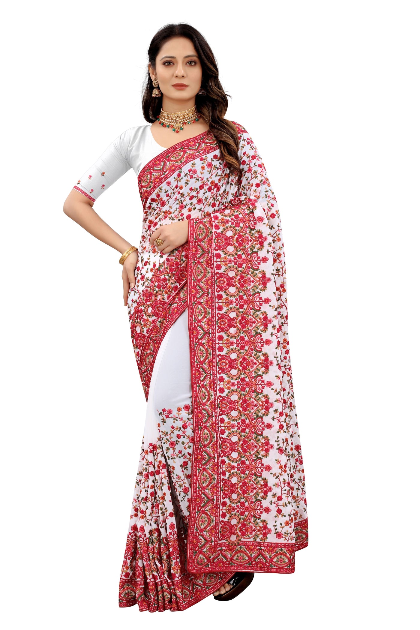 White Georgette Embroidered Saree With Blouse