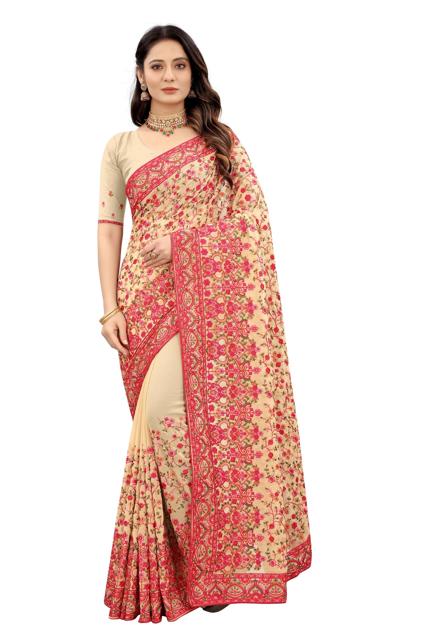 Beige Georgette Embroidered Saree With Blouse