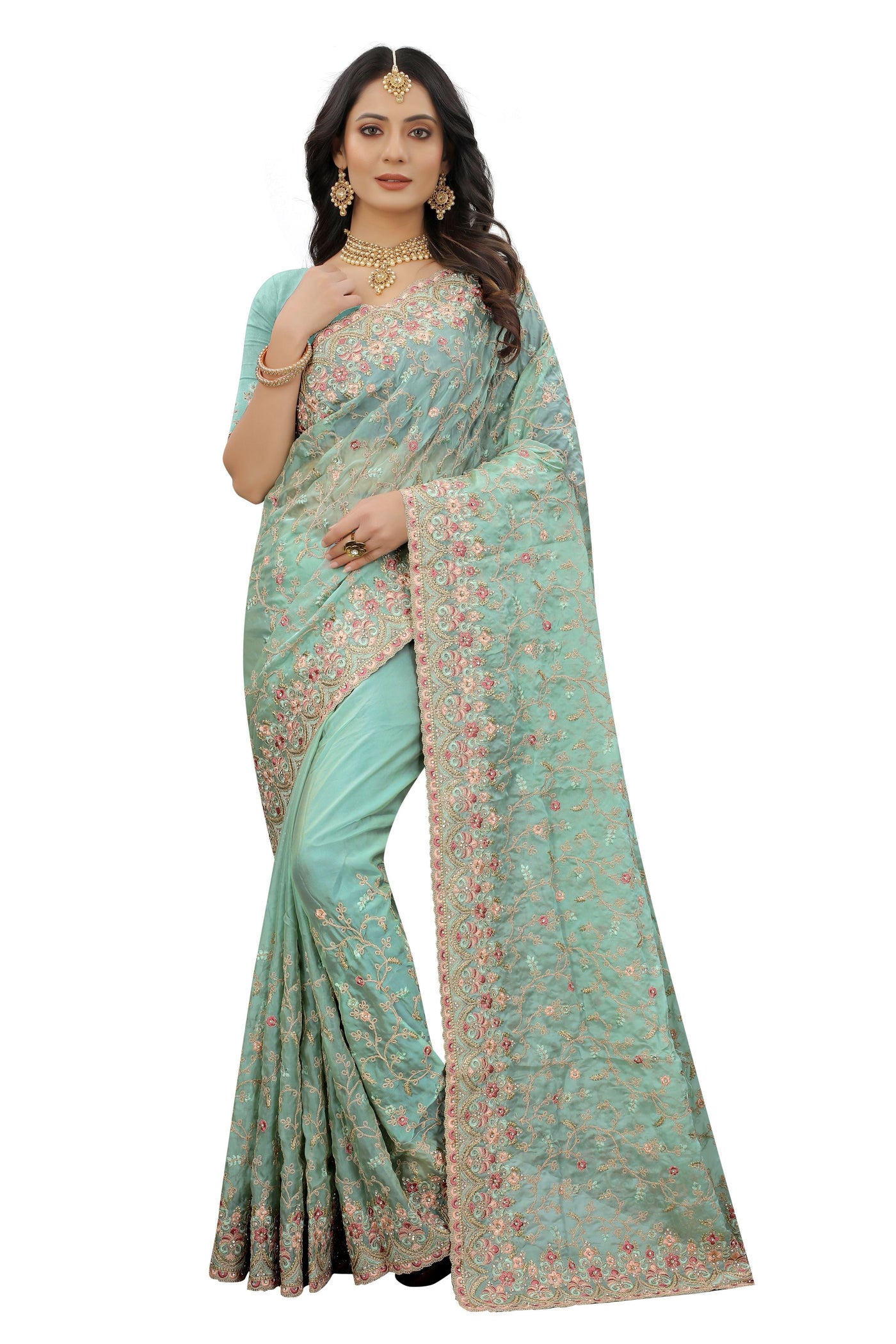 Green Organza Embroidered Saree With Blouse
