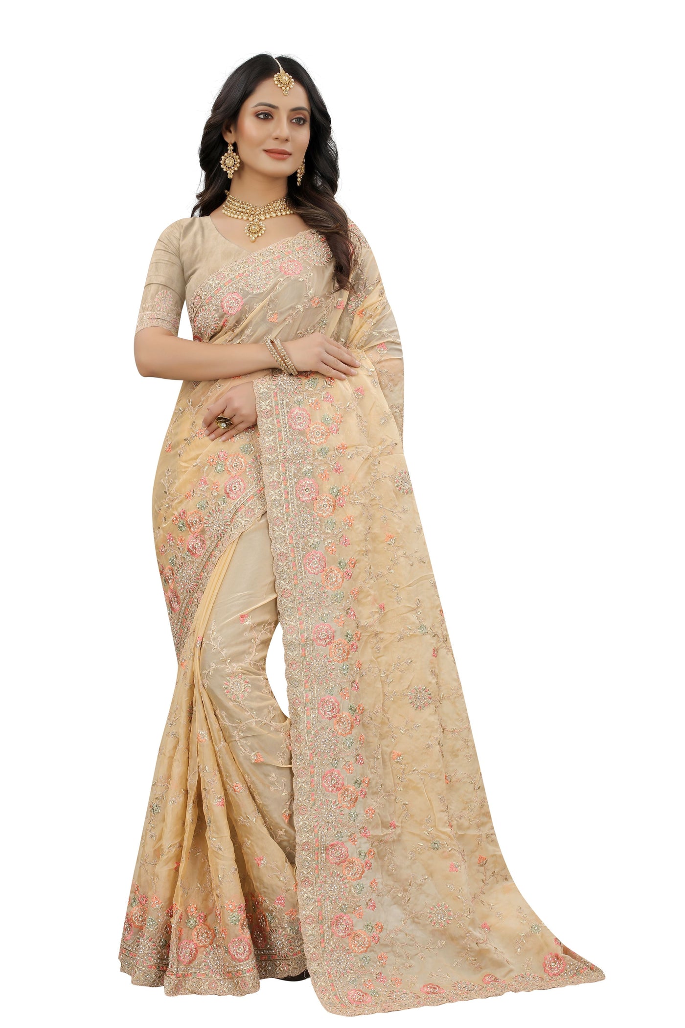 Beige Organza Embroidered Saree With Blouse