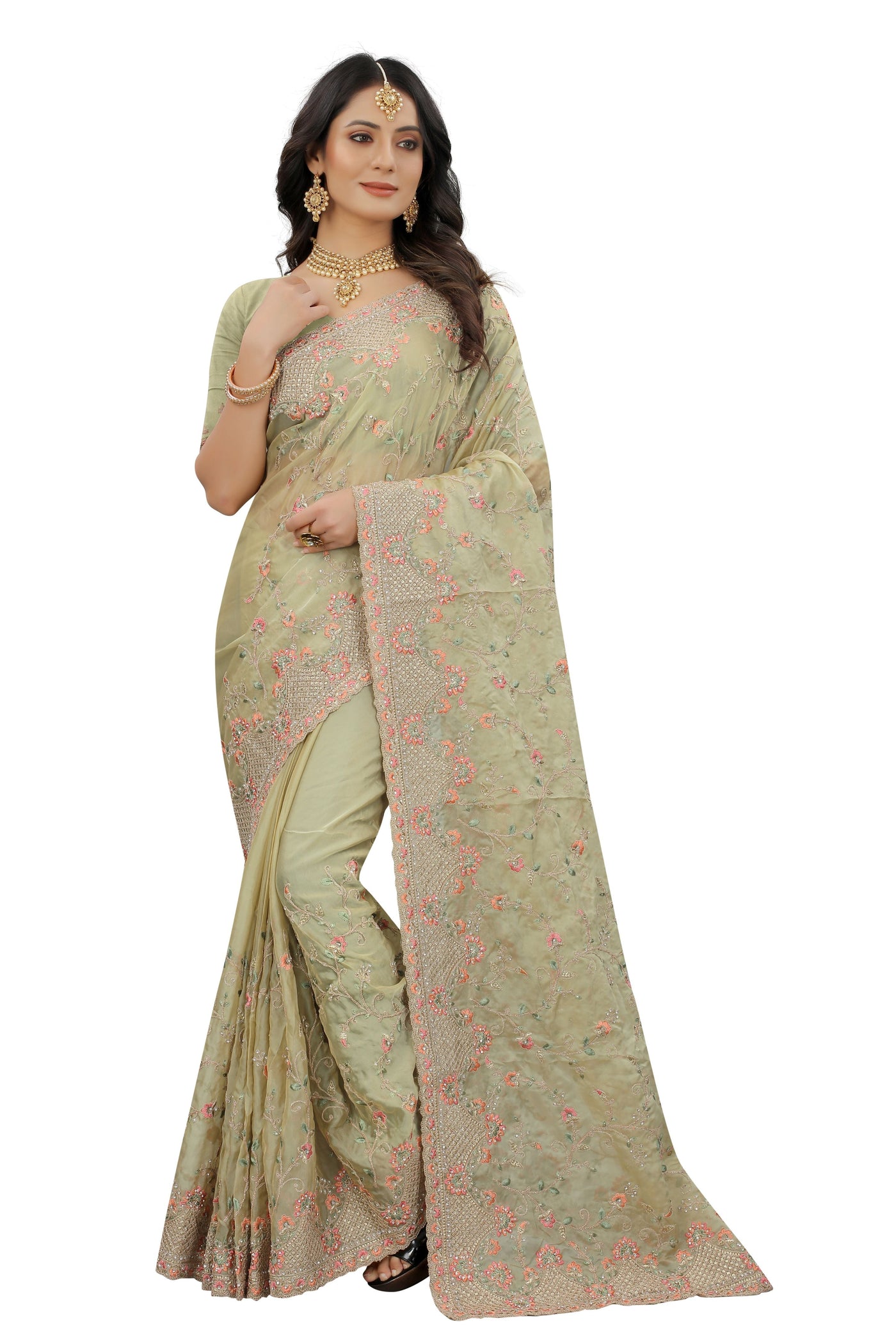 Olive Green Organza Embroidered Saree With Blouse