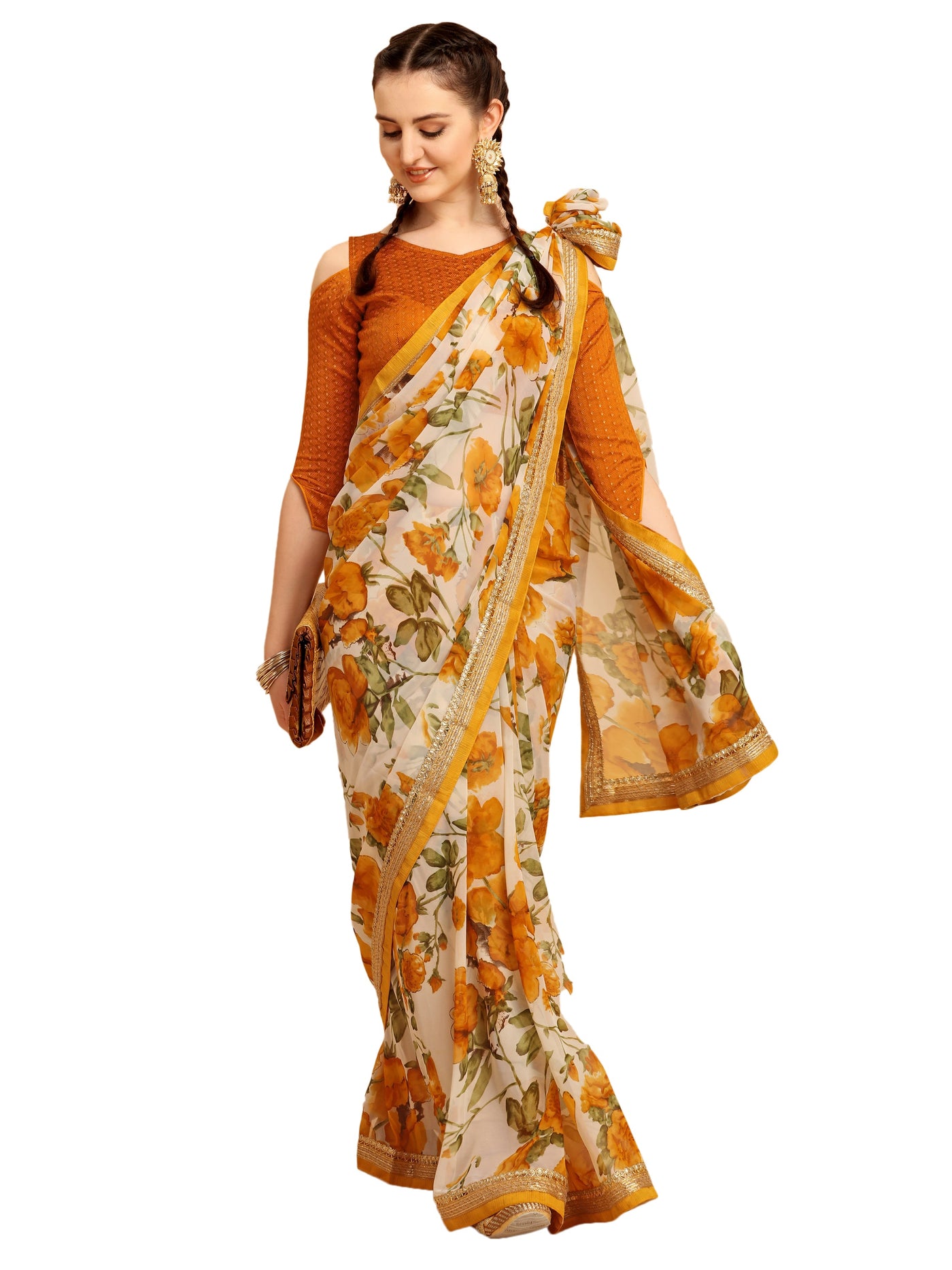 Georgette Floral Print Yellow Saree