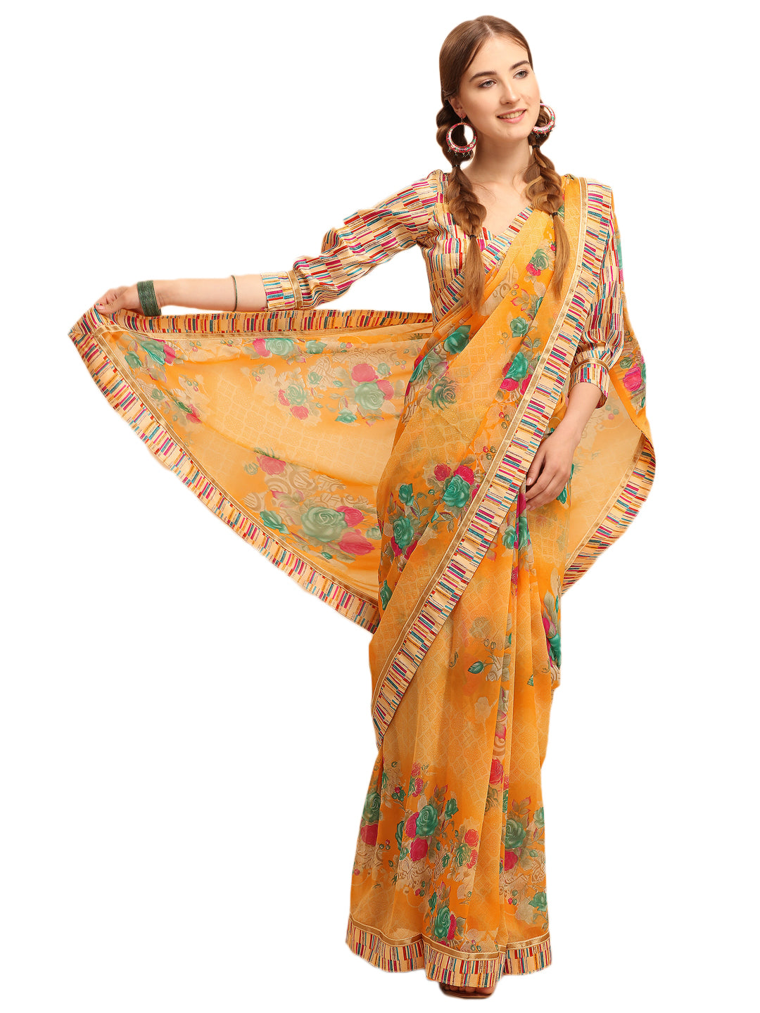 Georgette Floral Print Yellow Saree