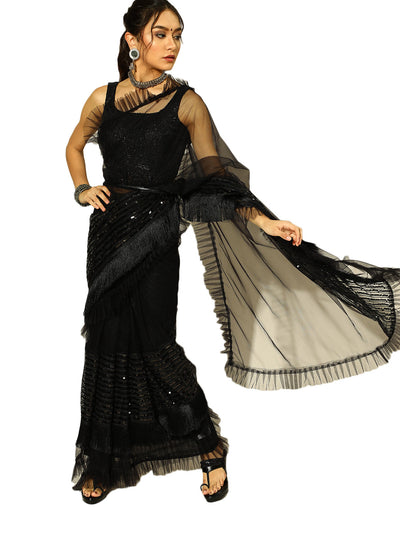 Net Embellished Black Saree