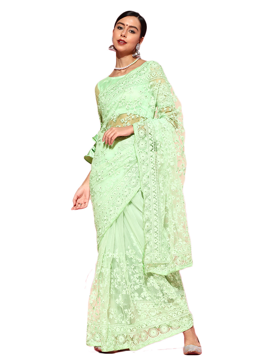 Net Embellished Green Saree