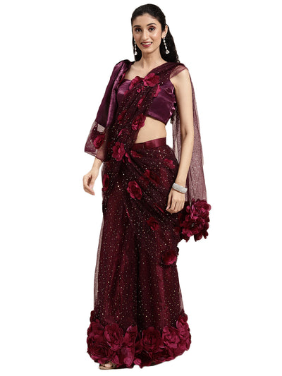 Net Sequence Wine Color Saree