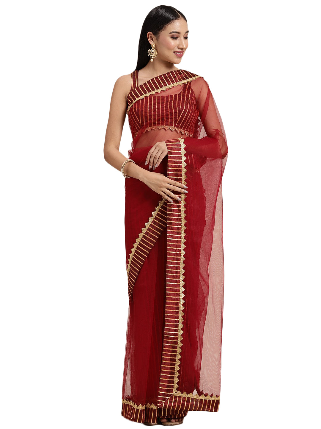Net Embroidery Red Saree
