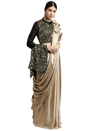 Poly Georgette Ruffle Golden Color Saree