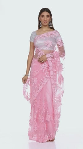 Net Heavy Embroidery Pink Saree